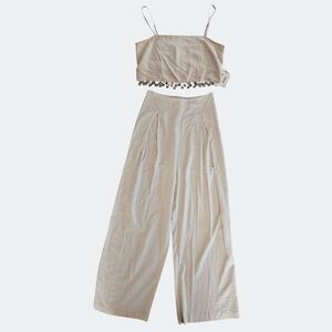 NWT Jason Wu Linen Blend Two Piece Shell Fringe Crop Top Wide Leg Pleated Pant 6